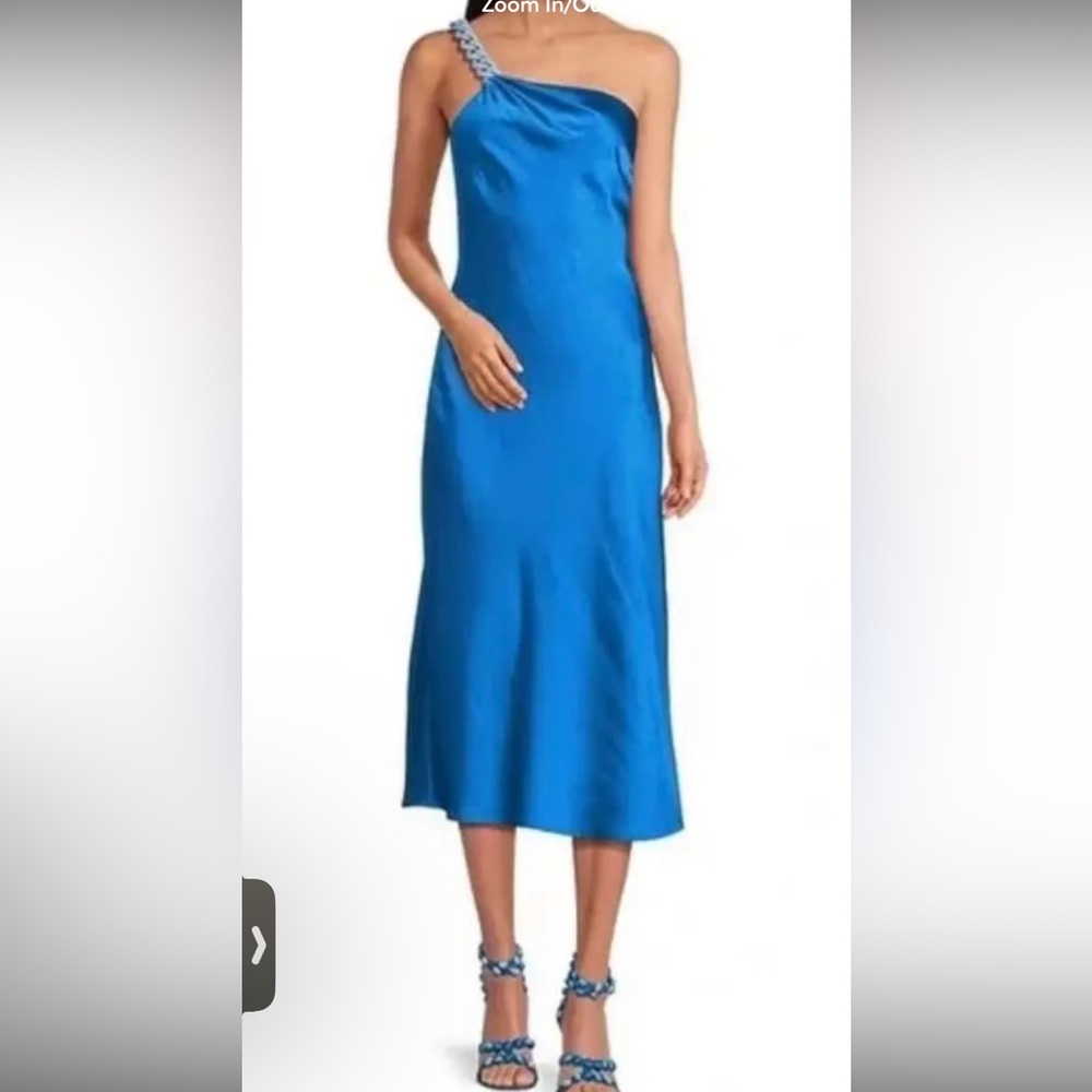 Gianni Bini x Jess Southern Shelby One Shoulder Chain Satin Sheath Midi Dress 4 - Picture 3 of 12